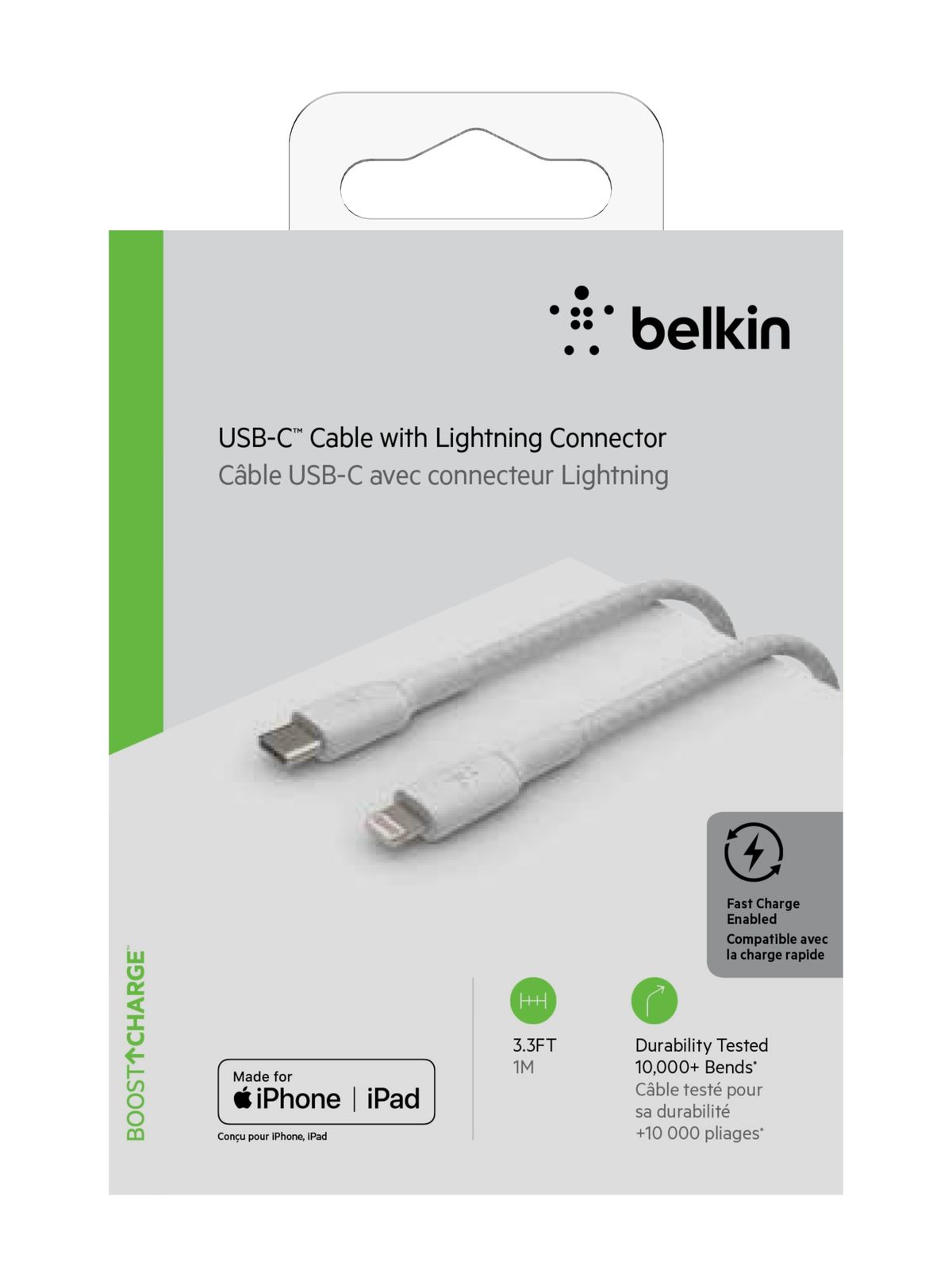 Belkin : Câble tressé USB-C vers Lightning, 1m blanc