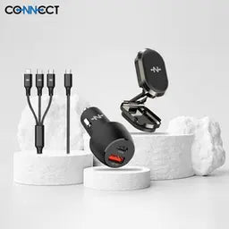 Pack Voiture CONNECT (Support Smartphone Magnétique 360° + Chargeur Allume-Cigare 48W + Câble de Charge 3A 3-en-1) Noir